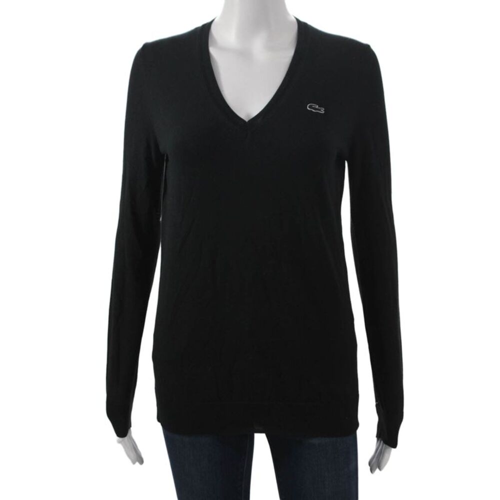Lacoste Womens Black V-Neck Cotton Pullover Long Sleeve Size 36